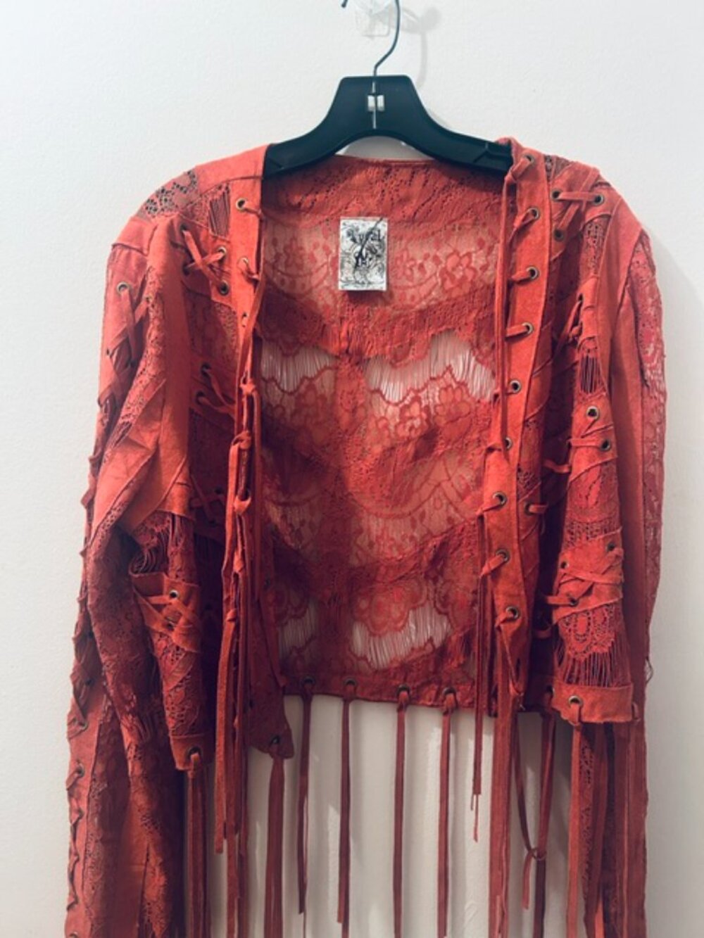 Vocal Women's Red Brick Suede Lace Stitching Fringe Open Tassel Jacket NEW - Picture 8 of 16